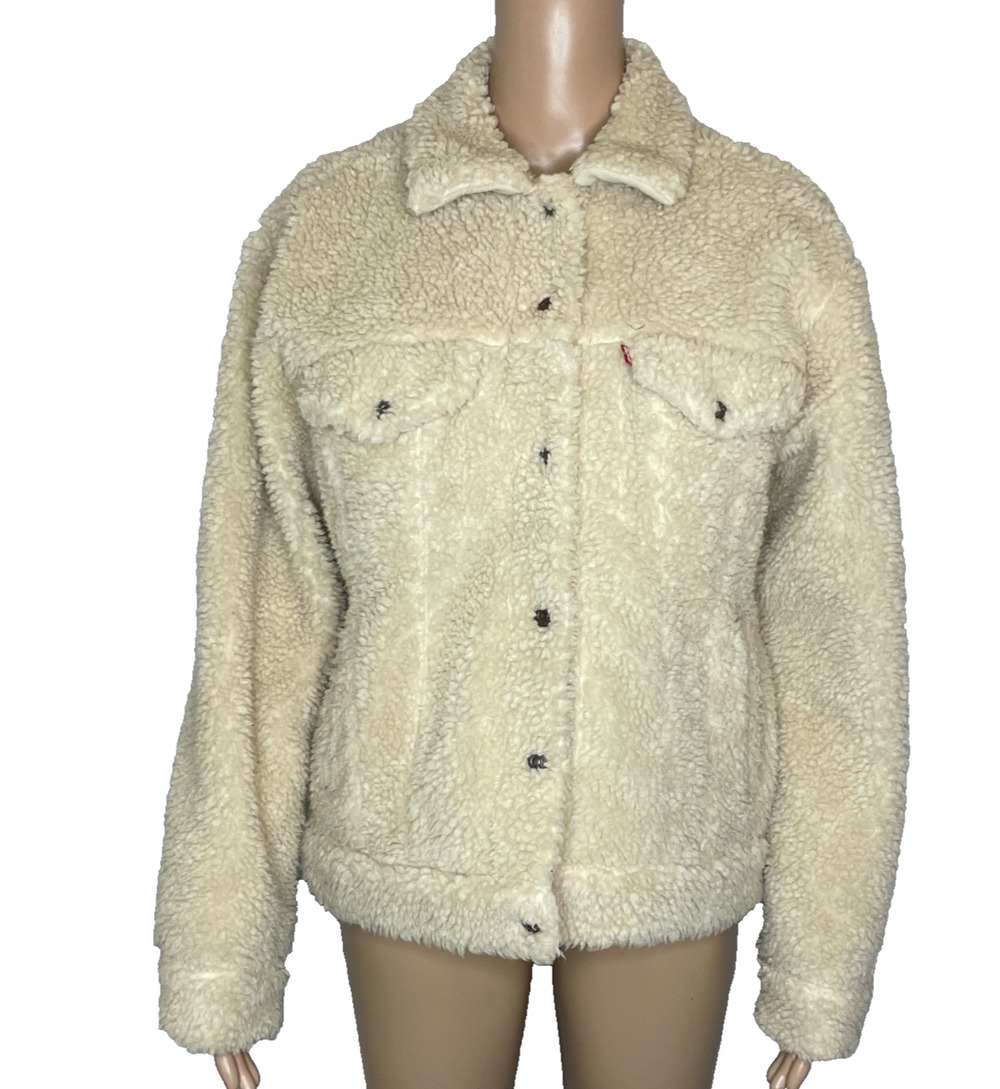 Women's Large Levi's Sherpa Button Front Faux Fur Trucker Jacket